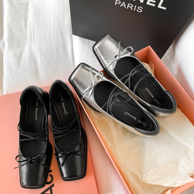 Karin Luna In Stock Spot Goods  Popular Self-flowing Bowknot Square Toe Chunky Heel Single Shoes