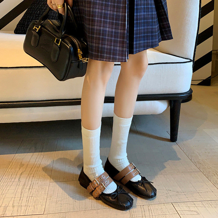 Karin Luna In Stock Spot Goods Minimalist Retro Round Toe Mary Jane Bowknot Height-Increasing Flats
