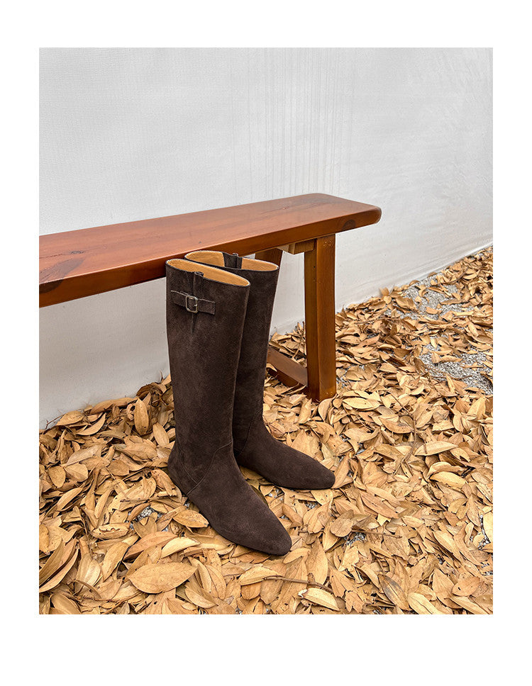 Karin Luna In Stock Spot Goods Vintage Cowhide Leather Chunky Heel Height Increasing Long Boots