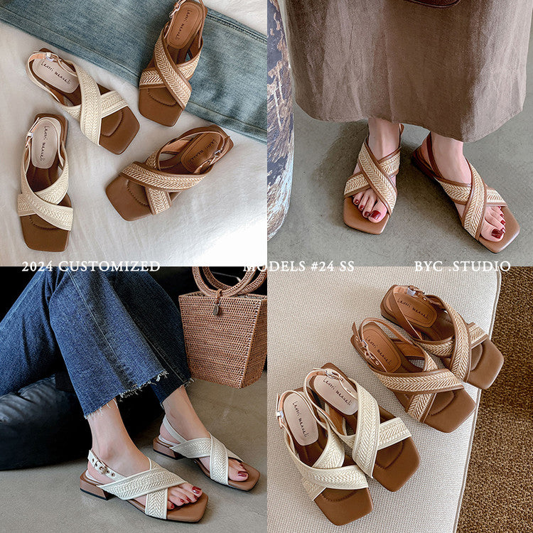 Karin Luna In Stock  Spot Goods Woven Style  Cross-strap Vacation Style Flat Sandals