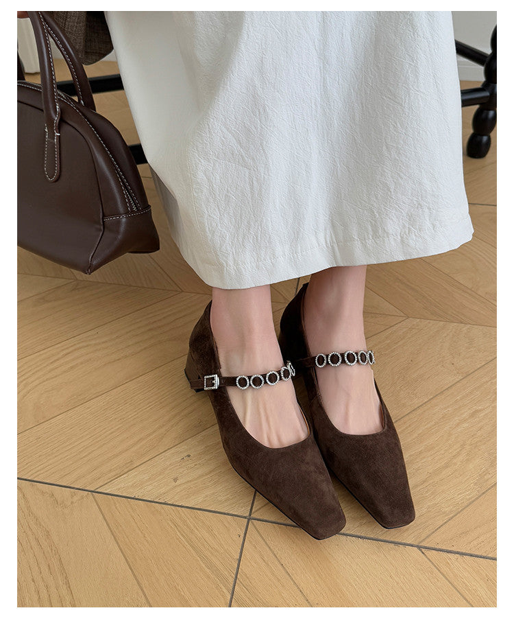 Karin Luna In Stock Spot Goods  Vintage Full Leather Square Toe Rhinestone Strap Shallow Mouth Single Shoes