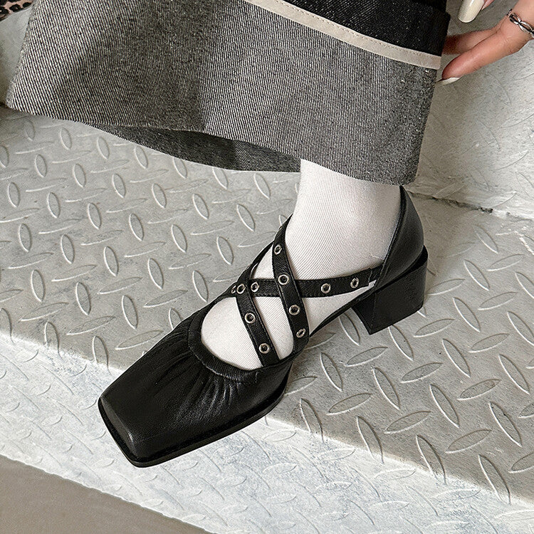 Karin Luna In Stock Spot Goods First Layer Sheepskin Cross Strap Rivet Square Toe Mary Jane Sandals