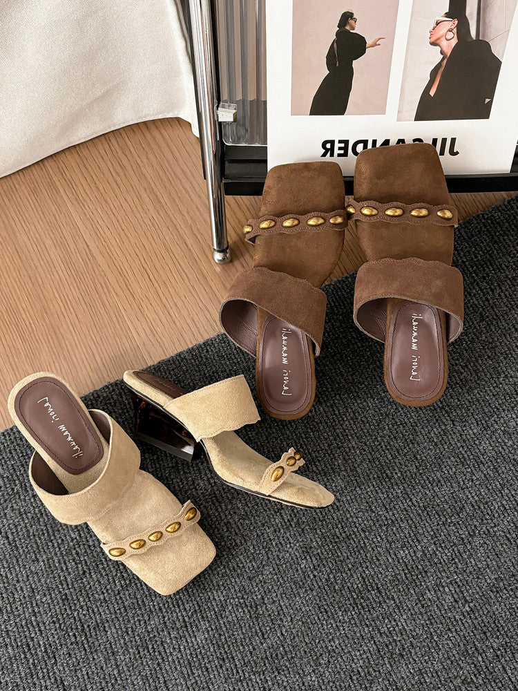 Karin Luna Hot-Selling Element Amber Heel~Spot Goods Spot Goods  Vacation Style One-Strap Amber Irregular Heel Slippers