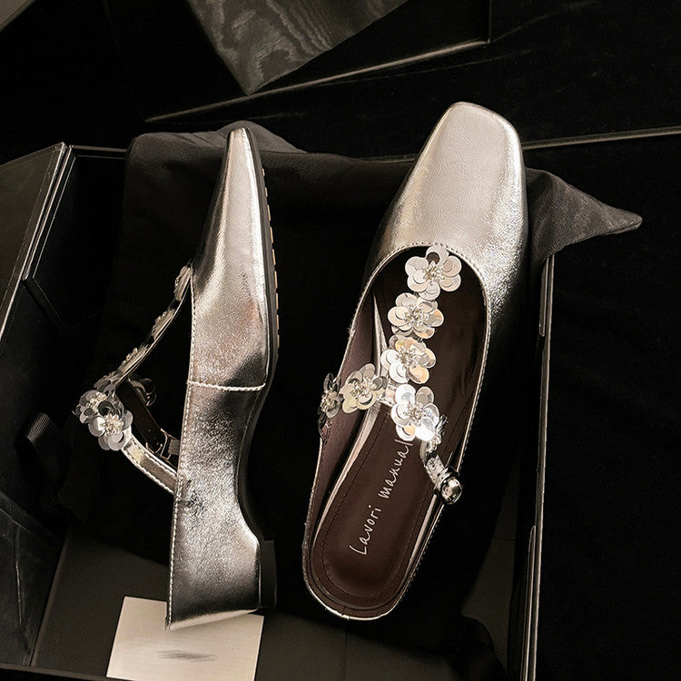 Karin Luna In Stock Spot Goods  T Handmade Sequin Flower Square Toe Height-Increasing Closed-Toe Slippers
