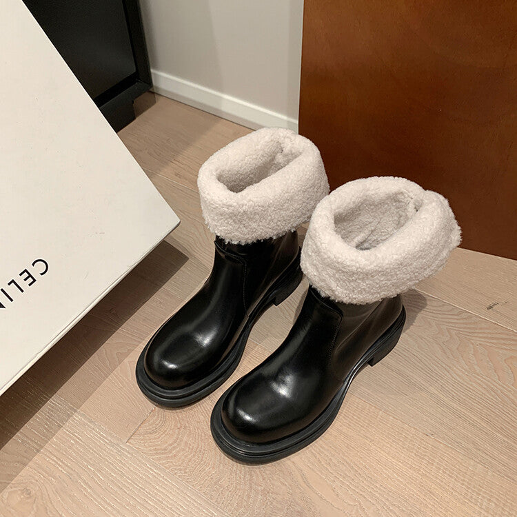 Karin Luna Classic Basic Style   Convertible Foldable Hidden Buckle Snow Fur Shoes Full cowhide Basic Flat Short Boots