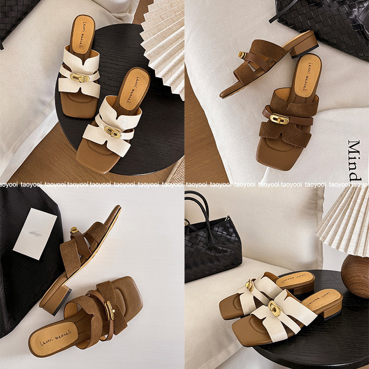 Karin Luna Comfortable Gold Buckle Square Toe Chunky Heel Casual Style Slippers