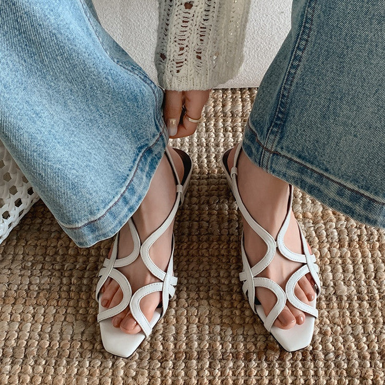 Karin Luna French Hollow Style Small Square Toe Chunky Heel Sandals