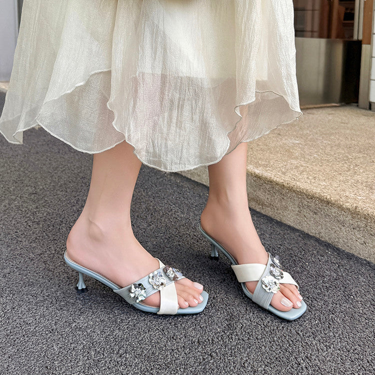 Karin Luna In Stock Spot Goods  Sequin Floral Cross Strap Square Toe Stiletto Slippers
