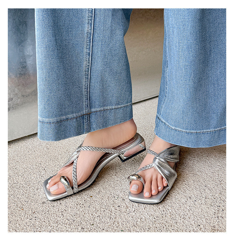 Karin Luna  Square Toe Braided Cross Thick Heel Flat Slippers