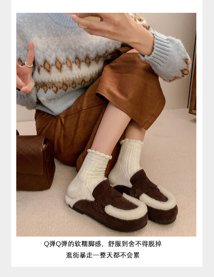 Karin Luna In Stock Look~This is such thick lamb wool Winter Atmosphere！Cowhide Leather Lamb Wool Round Toe Flat Sole Half Support！