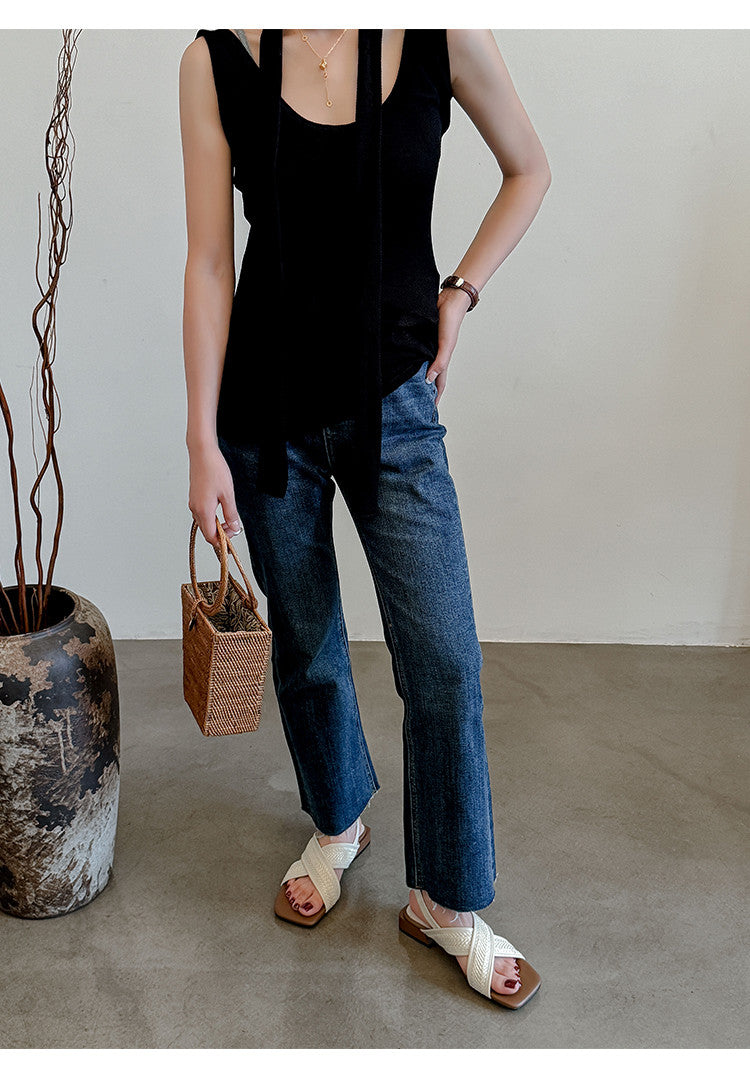 Karin Luna In Stock  Spot Goods Woven Style  Cross-strap Vacation Style Flat Sandals