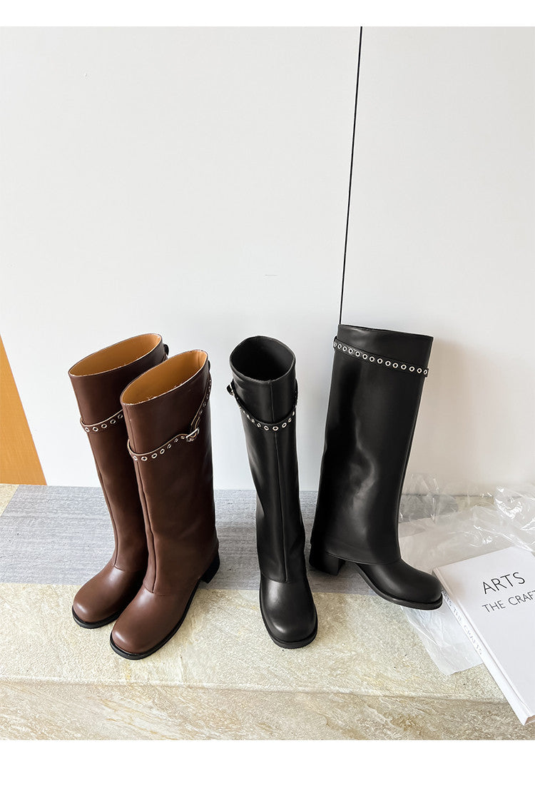 Karin Luna In Stock Spot Goods Belt Buckle Color-Washed Casual Thick-Soled Bootcut Pants Boots