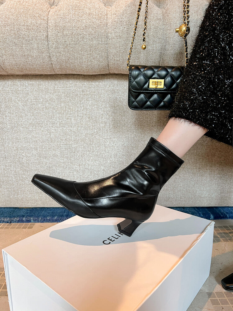 Karin Luna Elegant Small Square Toe Chunky Heel Slim Boots