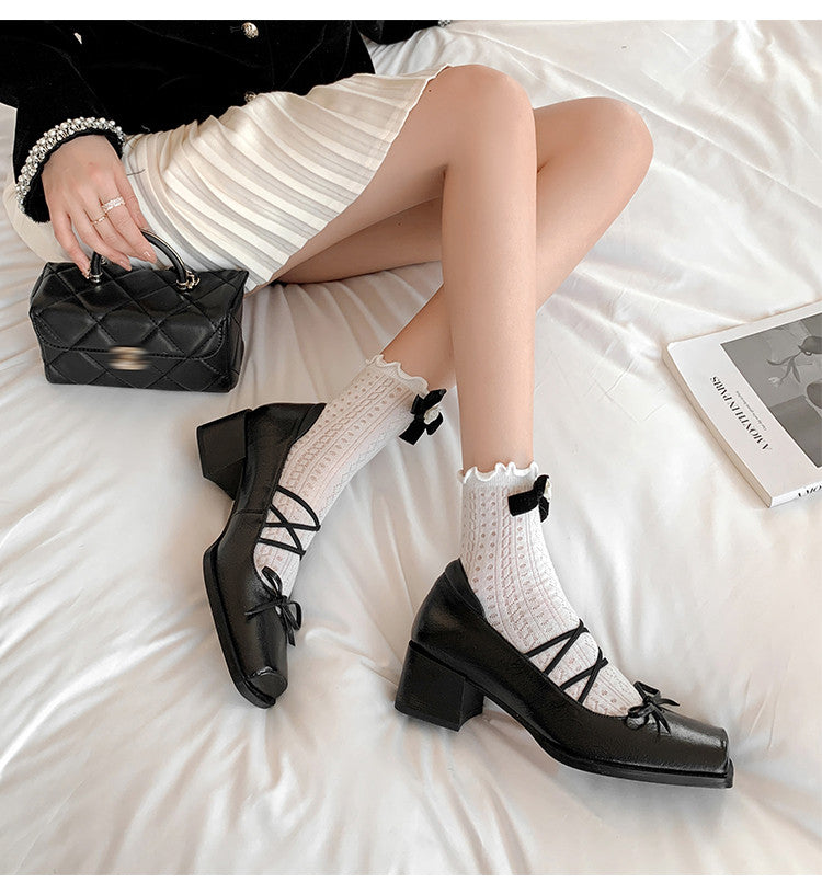 Karin Luna In Stock Spot Goods  Popular Self-flowing Bowknot Square Toe Chunky Heel Single Shoes
