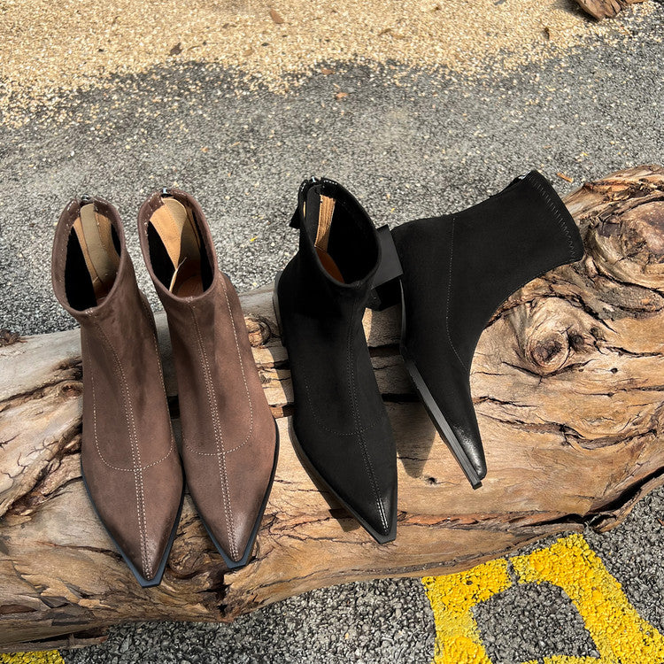 Karin Luna In Stock In Stock Elastic Slim Pointed Toe Chunky Heel Basic Ankle Boots