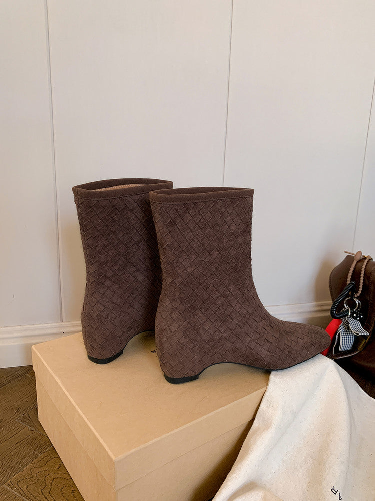 Karin Luna Handmade Woven Fabric Small Square Toe Hidden Heel Short Boots