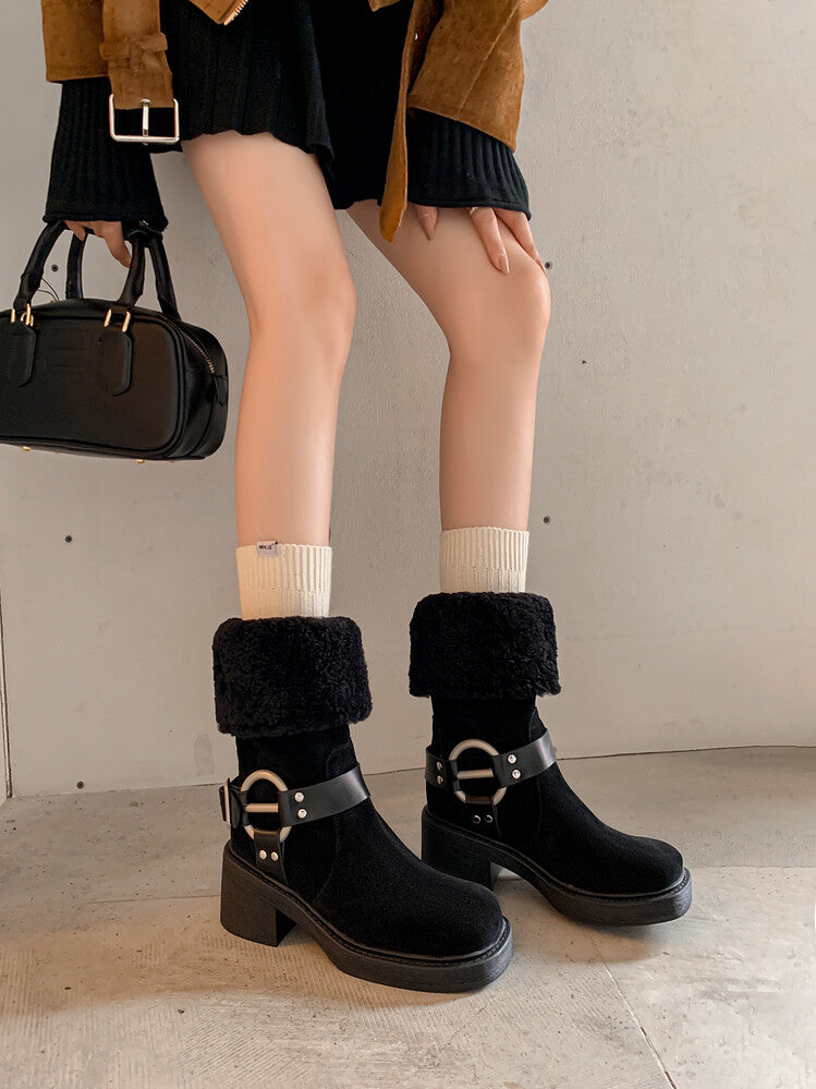 Karin Luna Genuine Lamb Wool and Cowhide Leather Hot-selling Metal Buckle Round Toe Chunky Heel Main Push Main Push