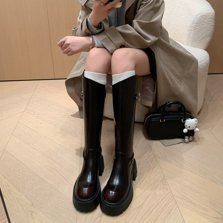 Karin Luna In Stock In Stock  Round Toe Thick Sole Belt Buckle Side Zipper Knight Boots