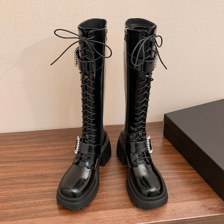 Karin Luna In Stock Spot Goods Bestselling Extended Version Rhinestone Square Buckle Thick Sole Lace-up Thick Sole Full Cowhide Knight Boots