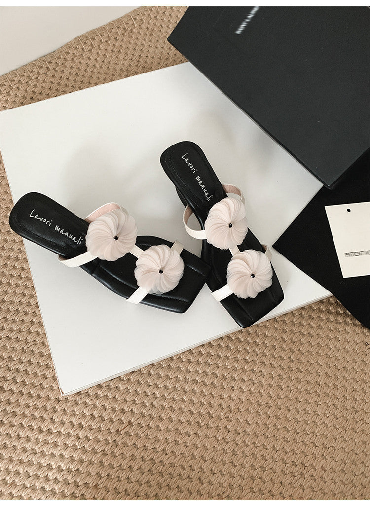 Karin Luna Hot-Selling Floral Square Toe Irregular Heel Floral Slippers