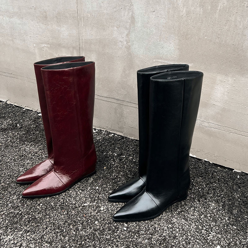 Karin Luna Elegant Style Pointed Toe Internal Height Increase Slip-On Long Boots
