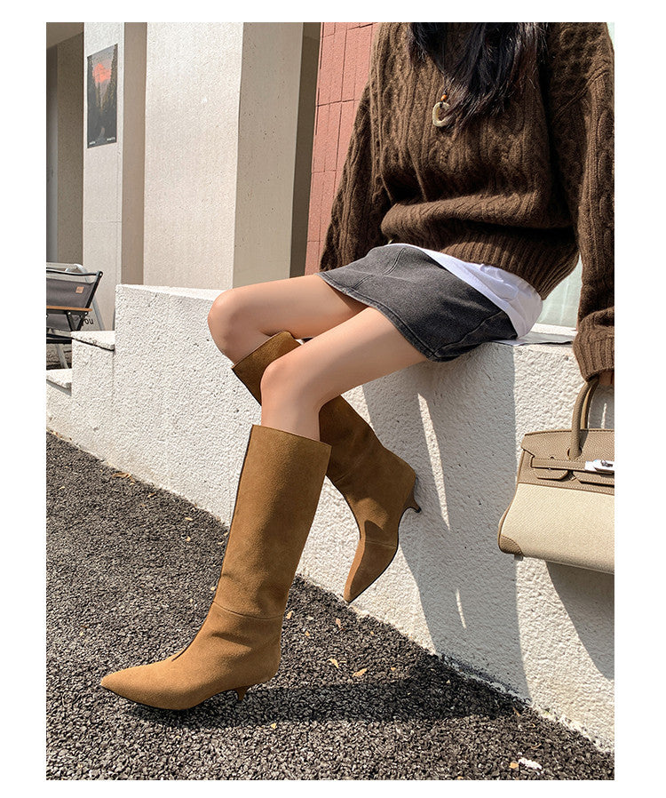 Karin Luna In Stock Spot Goods Retro Cowhide Pointed Toe Stiletto Elegant Long Boots