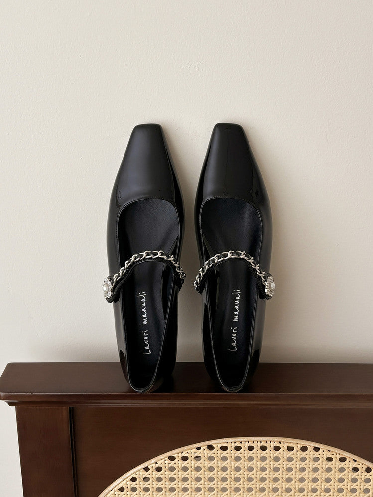 Karin Luna In Stock In Stock ~Metal One-Strap Pearl Small Square Toe Height-Increasing Flats
