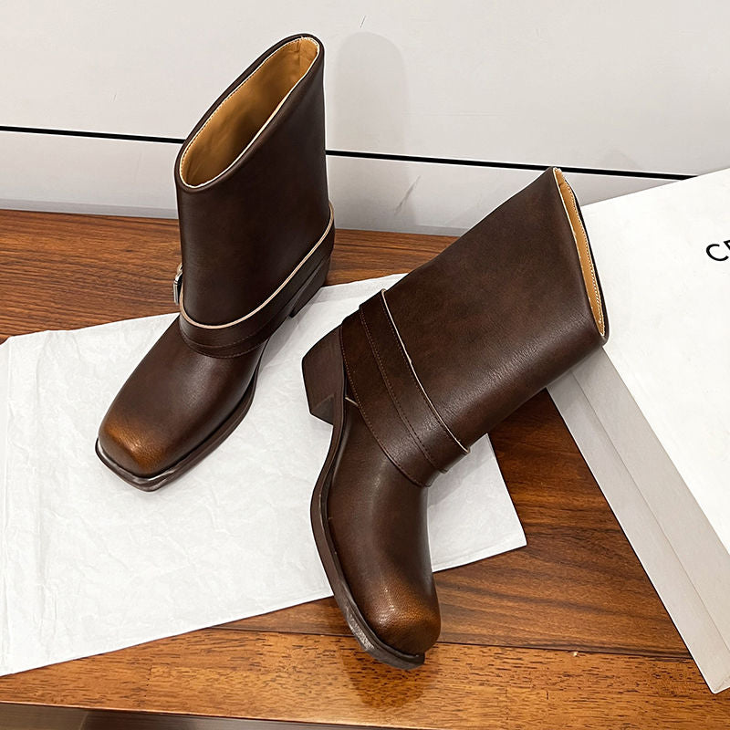 Karin Luna Elegant Style Square Toe Belt Buckle Pants Boot Short Boots