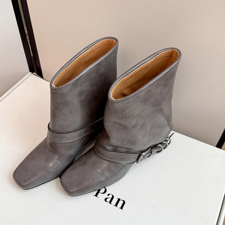 Karin Luna Data Hot Item Square Toe Hidden Wedge Belt Buckle Suede Ankle Boots