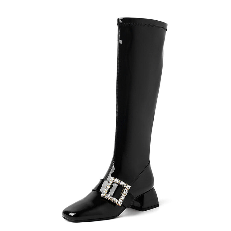 Karin Luna French Retro Square Buckle Rhinestone Chunky Heel Short Boots