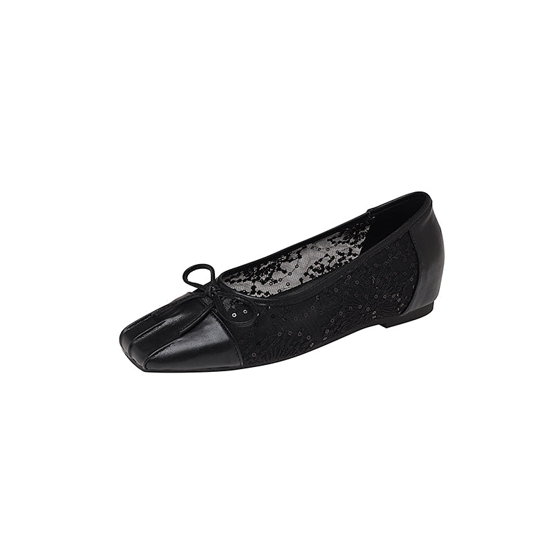 Karin Luna In Stock In Stock  Wrinkled Square Toe Patchwork Breathable Mesh Bow Granny Shoes