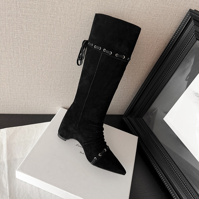 Karin Luna Elegant Style  Pointed Toe Pleated Hidden Wedge Western Boots