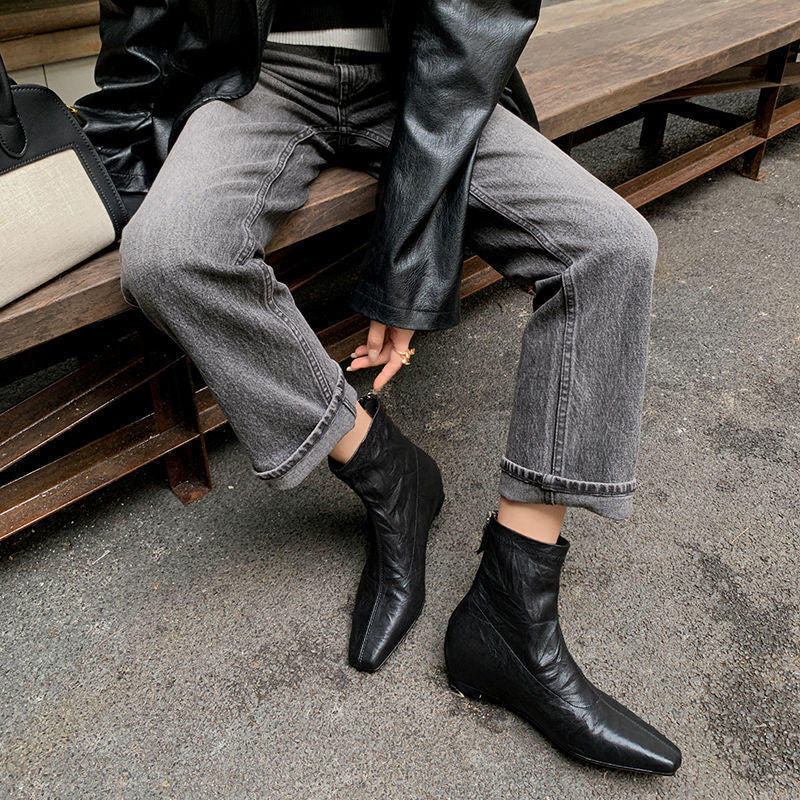 Karin Luna In Stock Spot Goods Slim Series  Hidden Wedge Small Square Toe Back Zipper Short Boots
