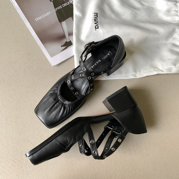 Karin Luna In Stock Spot Goods First Layer Sheepskin Cross Strap Rivet Square Toe Mary Jane Sandals
