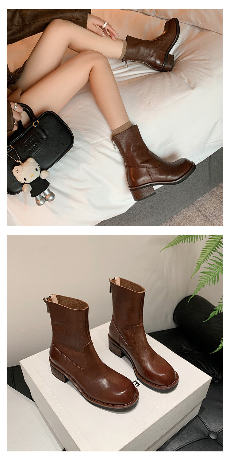 Karin Luna In Stock Spot Goods  Full-grain leather inside and out   Minimalist Texture  Round Toe Flat Bottom Basic Short Boots