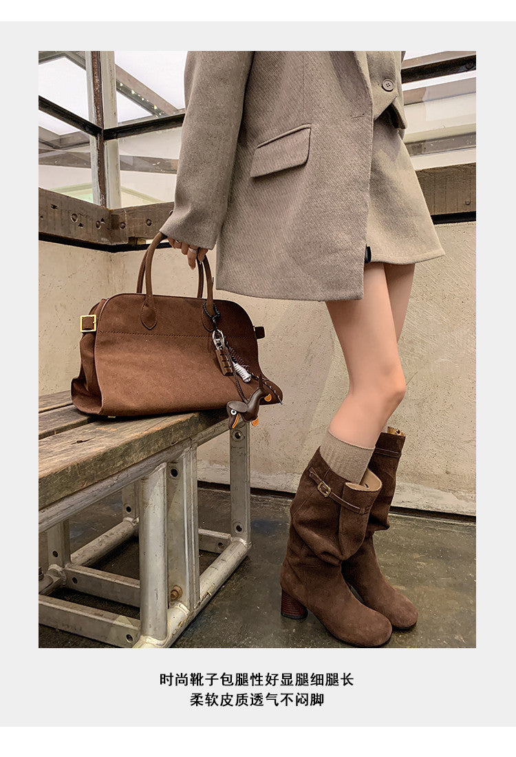 Karin Luna In Stock In Stock Mango Head Large Tube Belt Buckle Chunky Heel Long Boots