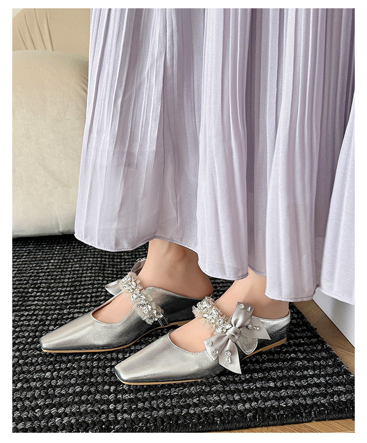 Karin Luna Handmade One-Strap Rhinestone Ribbon Square-Toe Mules