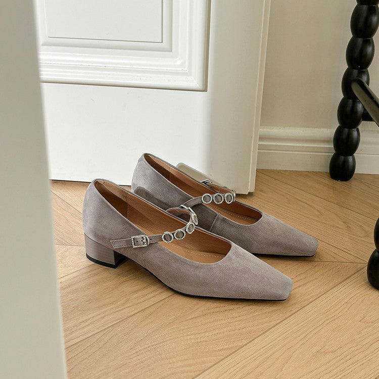 Karin Luna In Stock Spot Goods  Vintage Full Leather Square Toe Rhinestone Strap Shallow Mouth Single Shoes