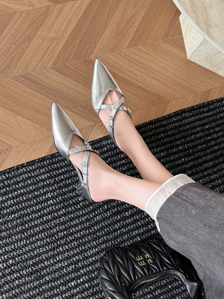 Karin Luna Elegant Pointed Toe Rhinestone Flower High Heel Mules