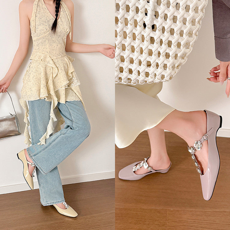 Karin Luna In Stock Spot Goods  T Handmade Sequin Flower Square Toe Height-Increasing Closed-Toe Slippers