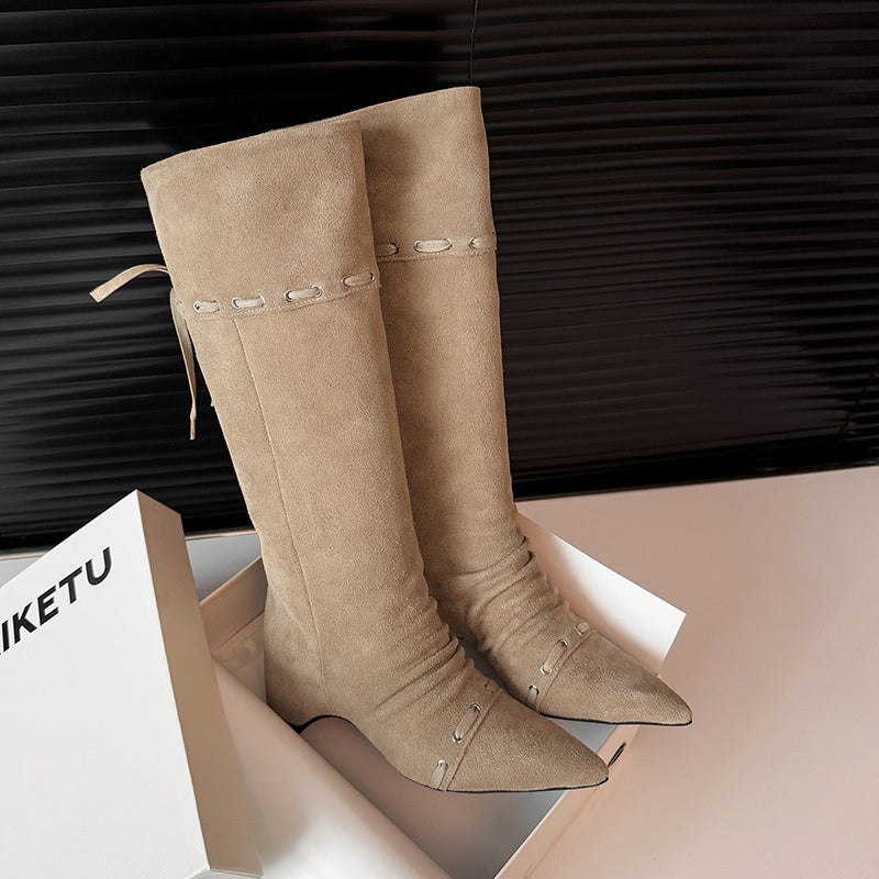 Karin Luna Elegant Style  Pointed Toe Pleated Hidden Wedge Western Boots