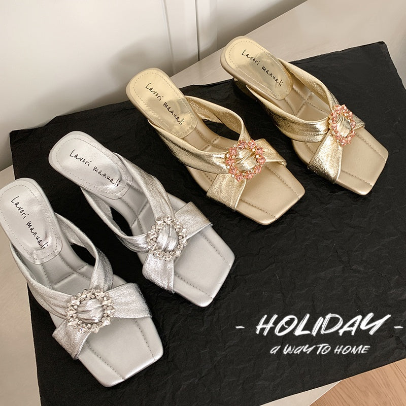 Karin Luna In Stock In Stock Elegant Square-Toe Cross-Strap Rhinestone Square-Toe Slippers