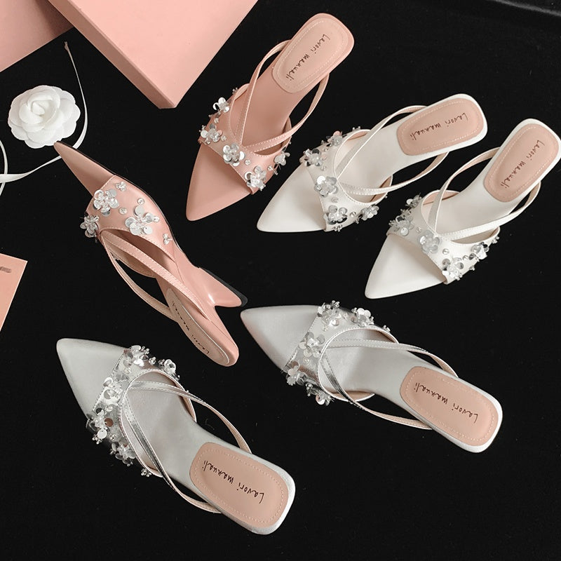 Karin Luna Bestseller Sequin Elements Elegant Pointed Toe Irregular Heel Slippers