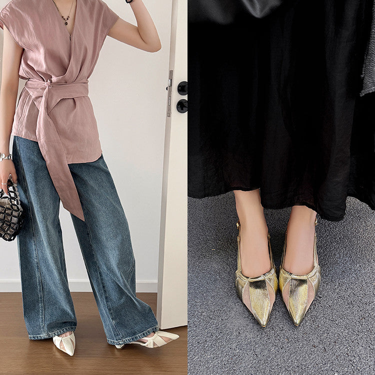 Karin Luna In Stock Spot Goods  Mesh Patchwork Pointed Toe Elegant Closed-Toe Sandals