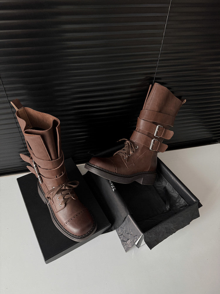 Karin Luna Bestseller Hot-Selling Large Tube Leather Belt Buckle Round Toe Thick-Soled Short Boots