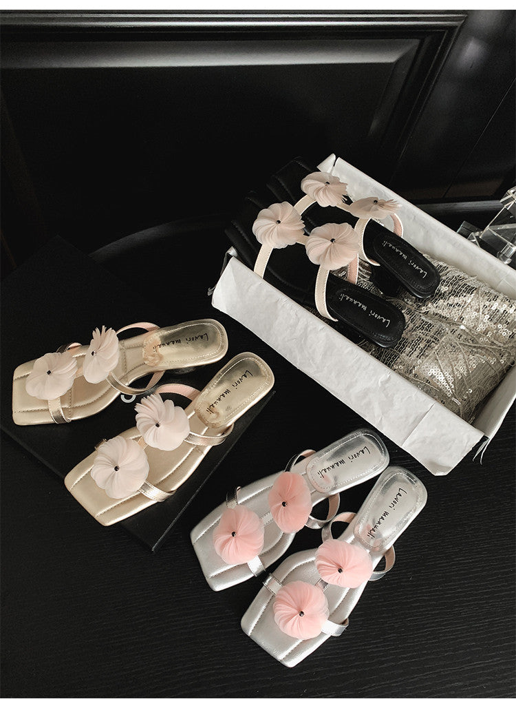 Karin Luna Hot-Selling Floral Square Toe Irregular Heel Floral Slippers