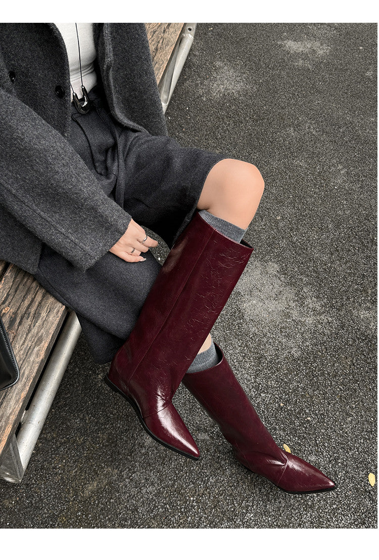 Karin Luna Elegant Style Pointed Toe Internal Height Increase Slip-On Long Boots