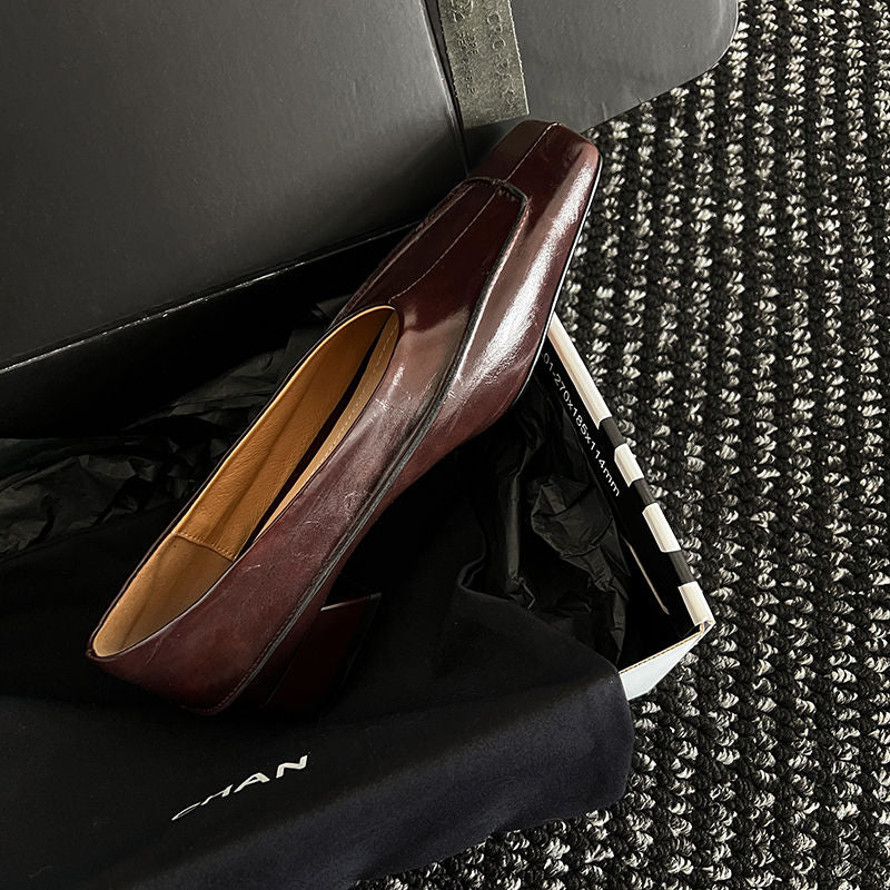 Karin Luna In Stock Spot Goods  Retro Full Leather Square Toe Shallow Mouth Single Shoes