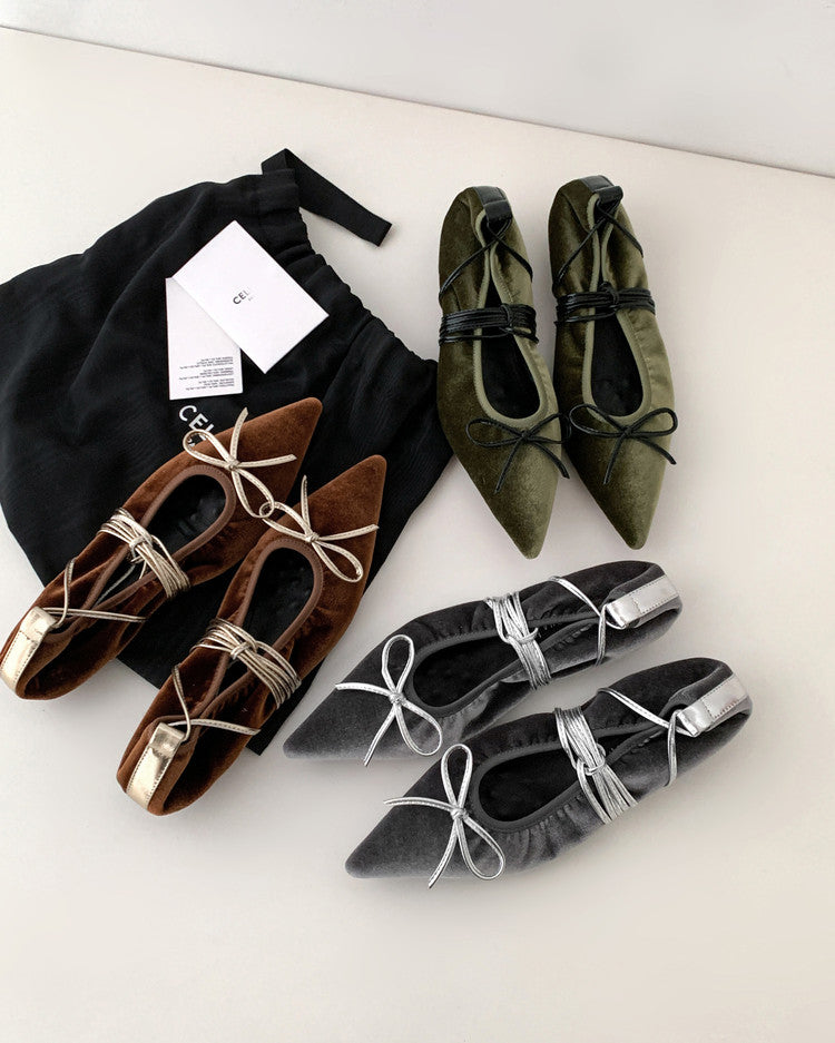 Karin Luna In Stock In Stock Retro Velvet Pointed Toe Bowknot Single Shoes