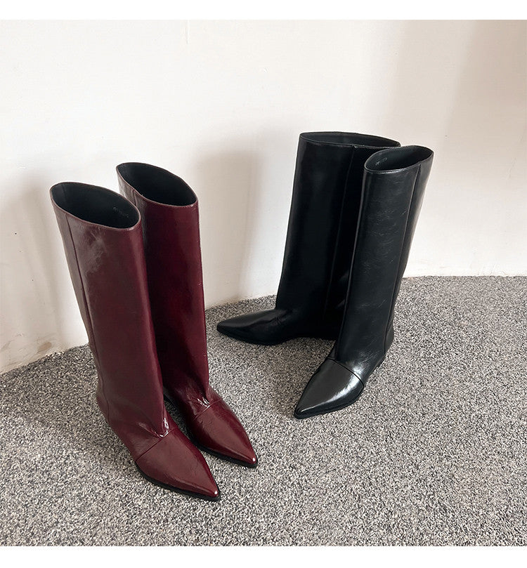 Karin Luna Elegant Style Pointed Toe Internal Height Increase Slip-On Long Boots